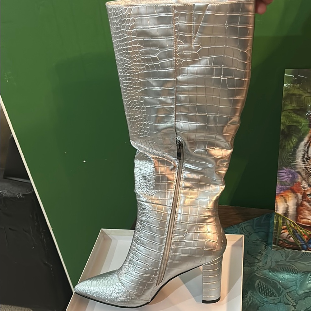 Silver Croc-Embossed Knee-High Boots